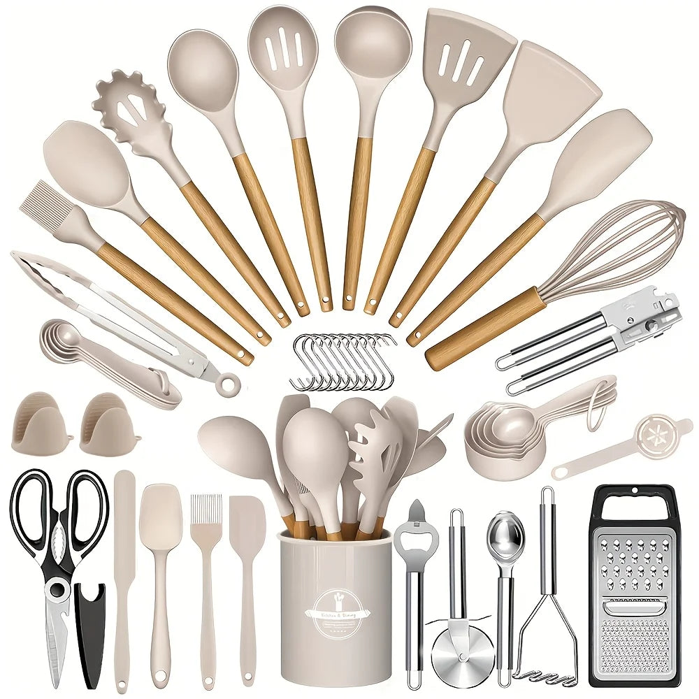 46pcs Non-Stick Wooden Handle Silicone Kitchenware Set for Baking And Cooking, Making Cooking And Baking Easy, Kitchen Supplies