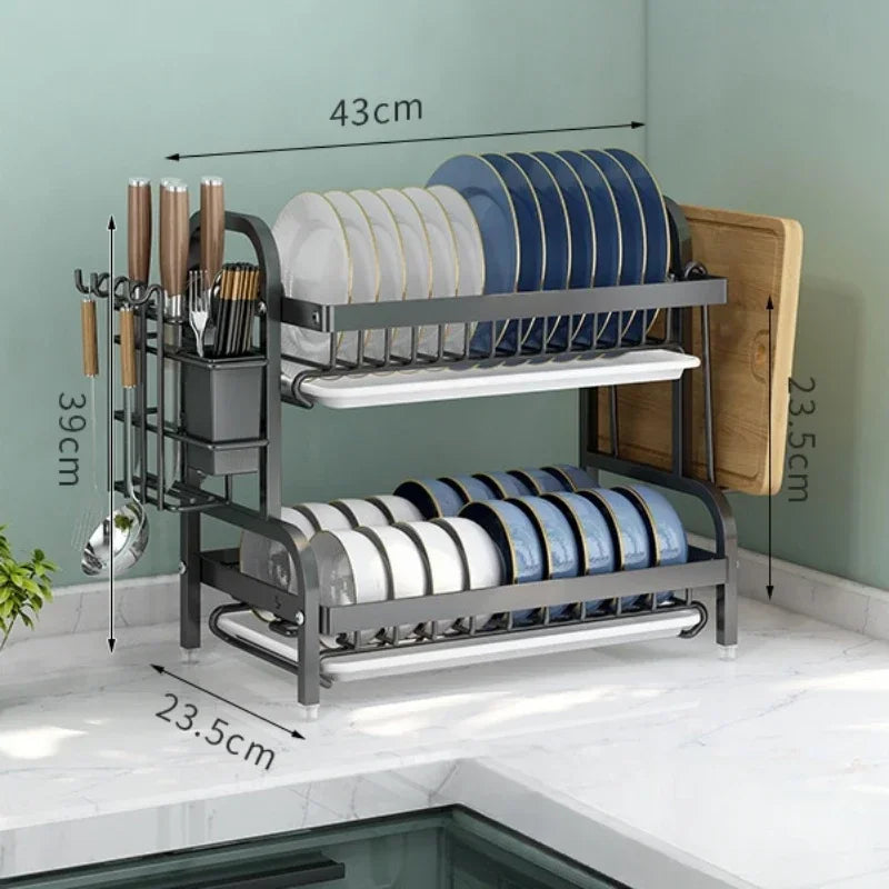 Stainless Steel 2-Tier Dish Drying Rack for Kitchen Countertop, Space Saving Plate Utensil Organizer Dish Drainer Rack