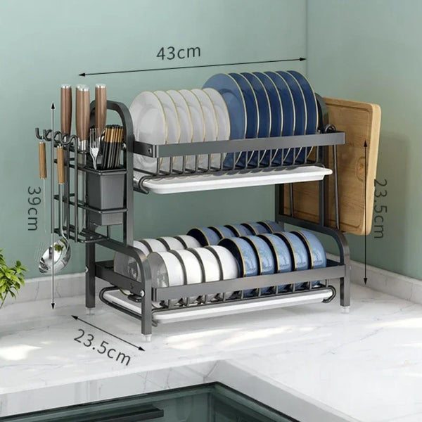 Stainless Steel 2-Tier Dish Drying Rack for Kitchen Countertop, Space Saving Plate Utensil Organizer Dish Drainer Rack