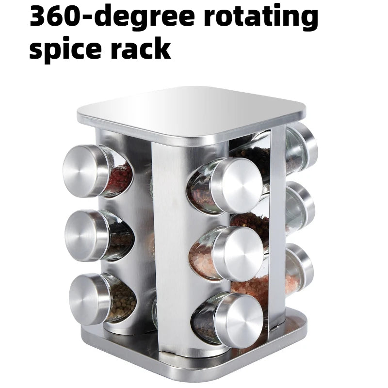 360-Degree Rotating Stainless Steel Spice Rack, Spice Jars, Multi-Compartment Spice Rack, Kitchen Storage
