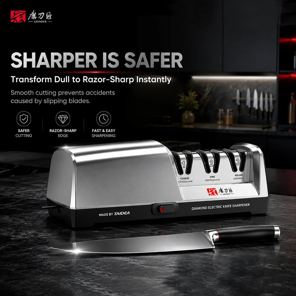 Electric Knife Sharpener, 3-Stage 15° Precision Guide, Stainless Steel Head, Fast Repair & Polish for Kitchen