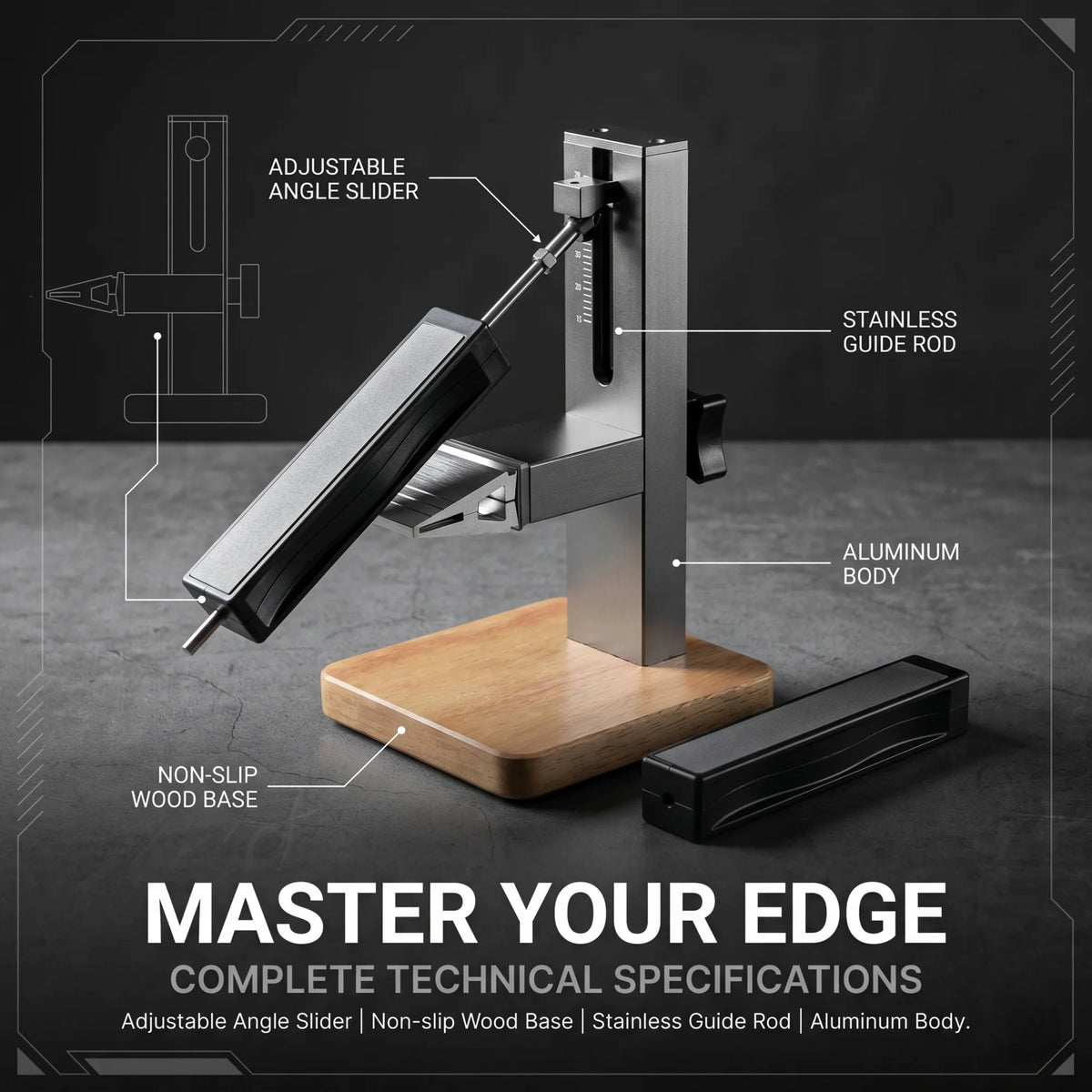 Adjustable Precision Knife Sharpener System, Professional Metal Sharpener for Various Knives, Stable Solid Wood Base Grinder Too