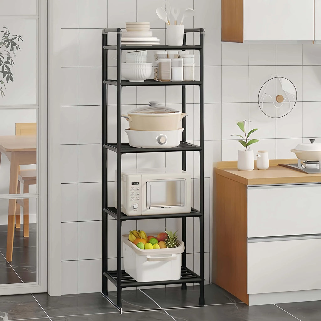 1PC 4/5-Tier Plastic Storage Rack White/Black,Multi-Layer Organizer Shelf for Home Kitchen Bathroom,Space-Saving Standing Unit