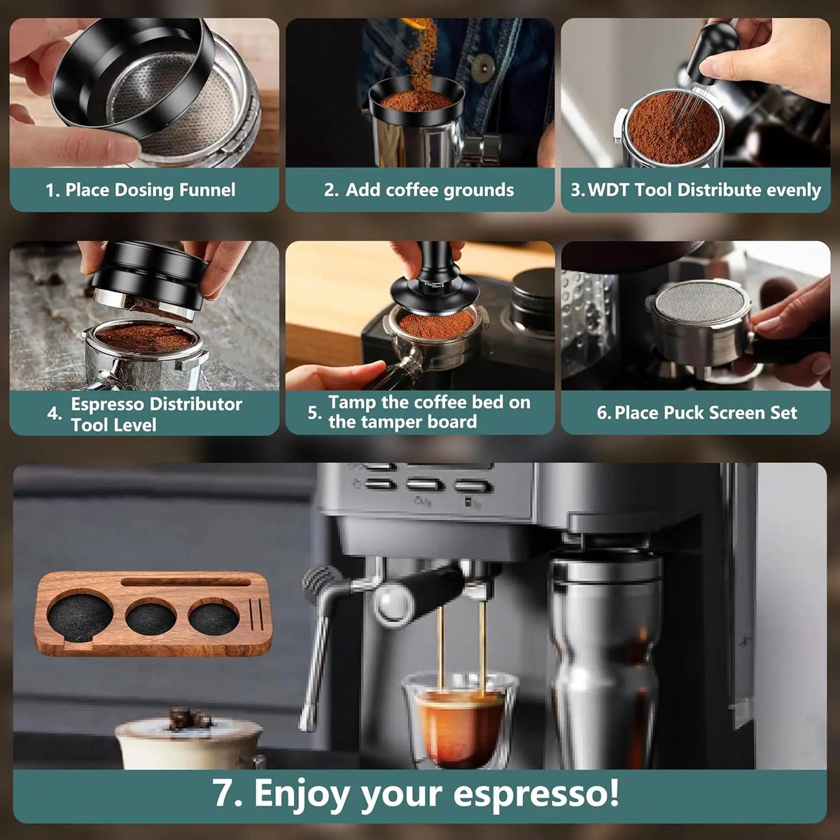 5/7Pack Espresso Accessories Kit Espresso Tamping Station Coffee Distributor Tamper WDT Tool Dosing Funnel Expresso Puck Screen