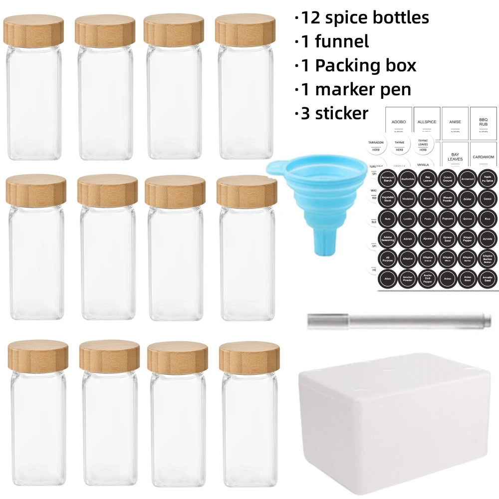 12/13pcs Glass Spice Jars with Bamboo Airtight Spice Organizer Containers Seasoning 120ml Storage Bottles Kitchen Spice Jars Set