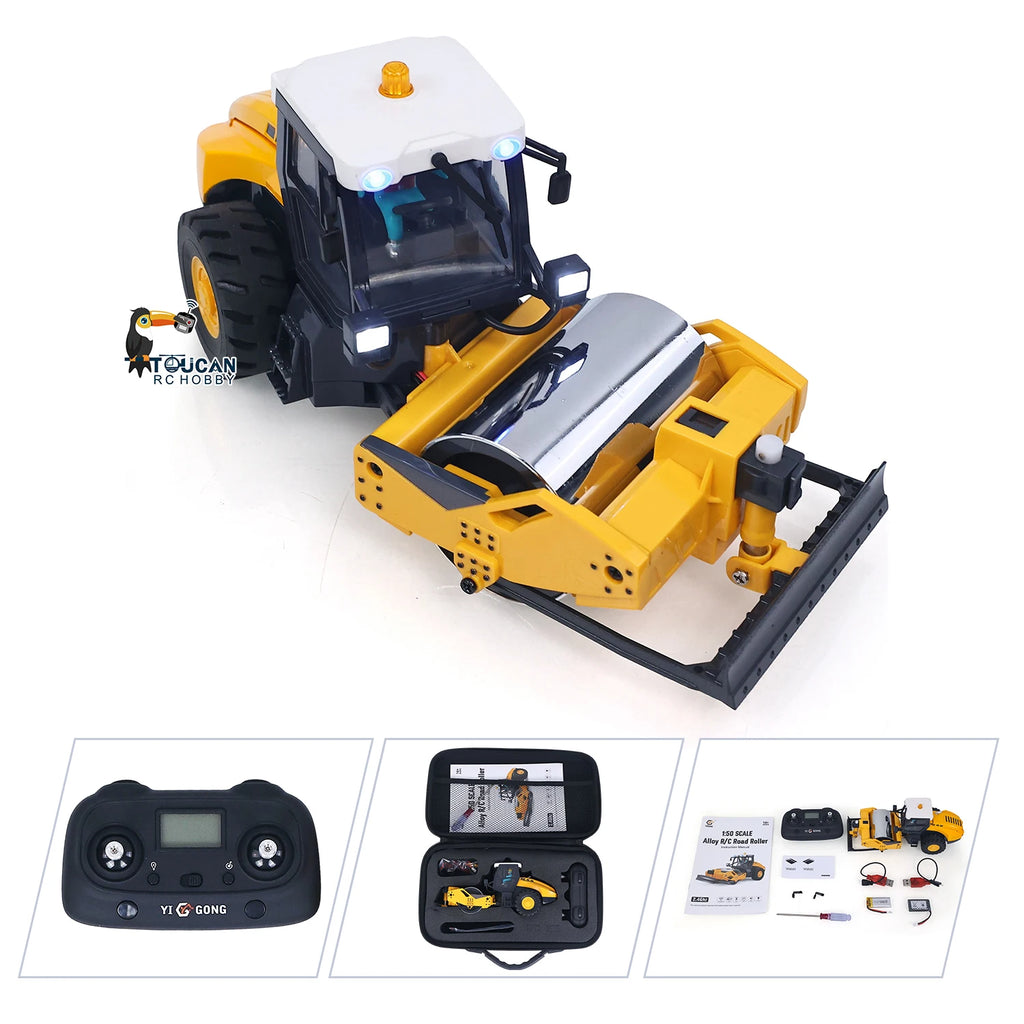 Mini 1/50 RC Road Roller RTR Electric Remote Control Construction Vehicle Finished Metal Blade Lights Sounds Toy Model