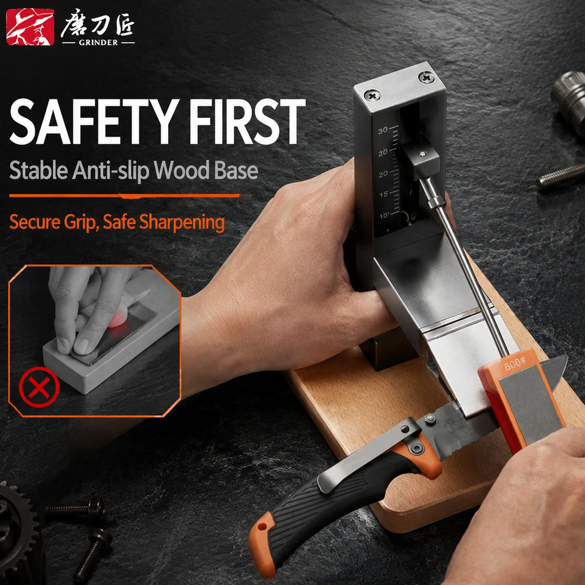 Adjustable Precision Knife Sharpener System, Professional Metal Sharpener for Various Knives, Stable Solid Wood Base Grinder Too