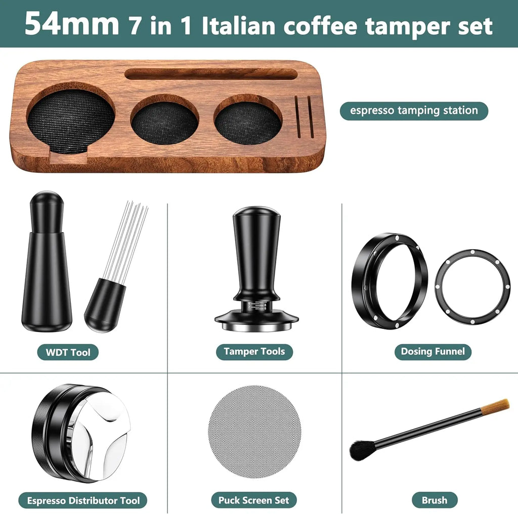 5/7Pack Espresso Accessories Kit Espresso Tamping Station Coffee Distributor Tamper WDT Tool Dosing Funnel Expresso Puck Screen