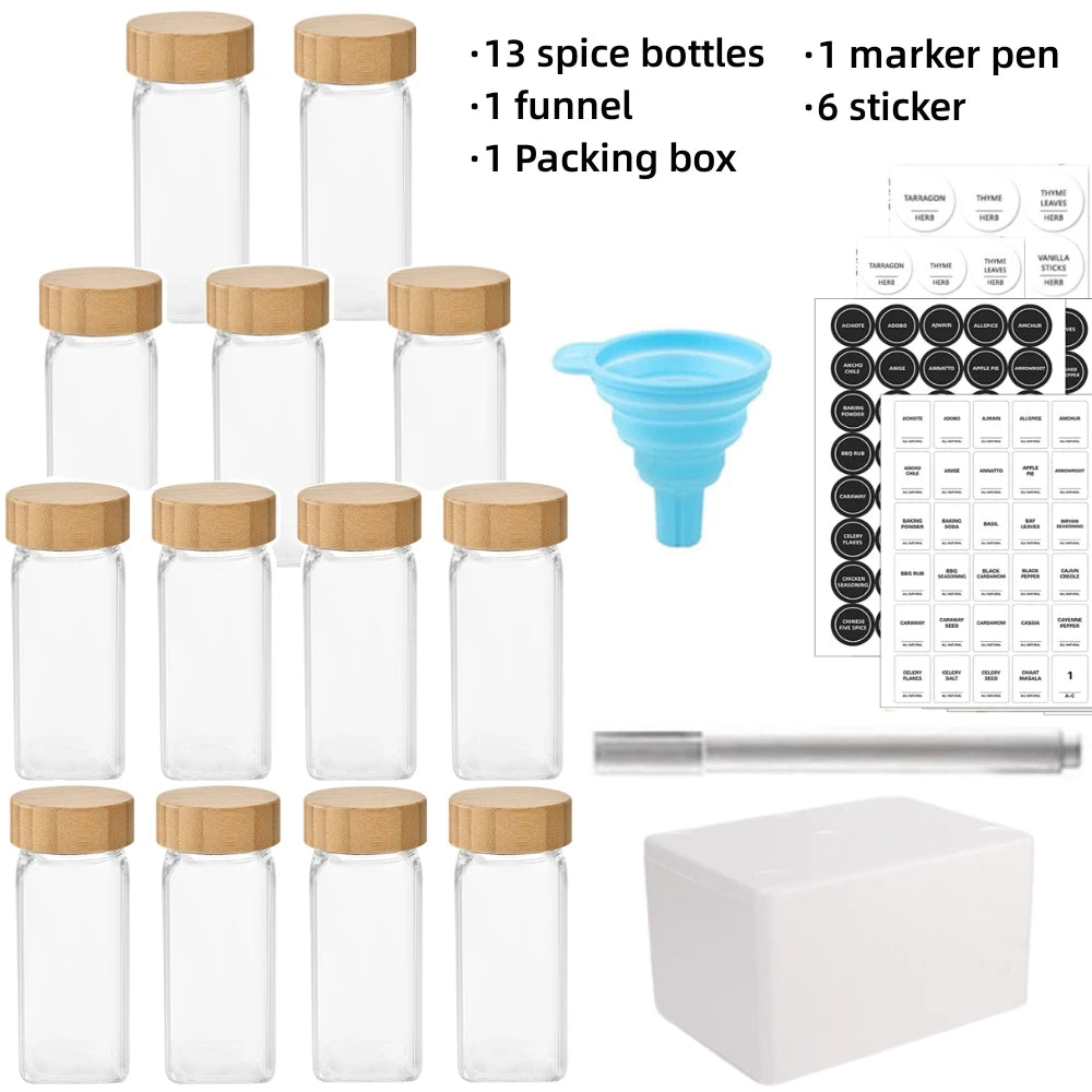 12/13pcs Glass Spice Jars with Bamboo Airtight Spice Organizer Containers Seasoning 120ml Storage Bottles Kitchen Spice Jars Set