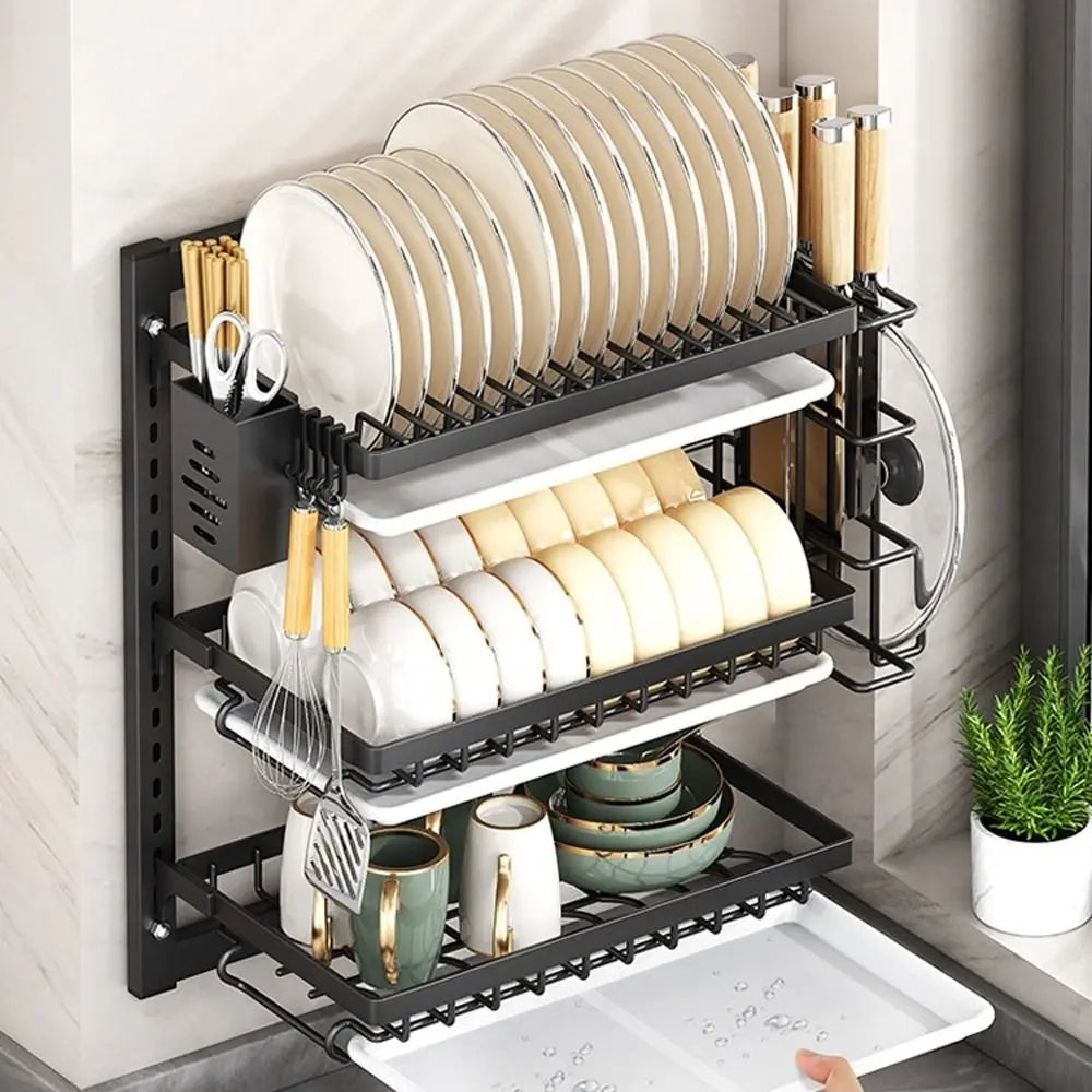 Multifunctional Wall Mounted Dish Drying Rack 2 Layer Rust-Proof Utensil Holder No Drilling Compact Drain Tray Household
