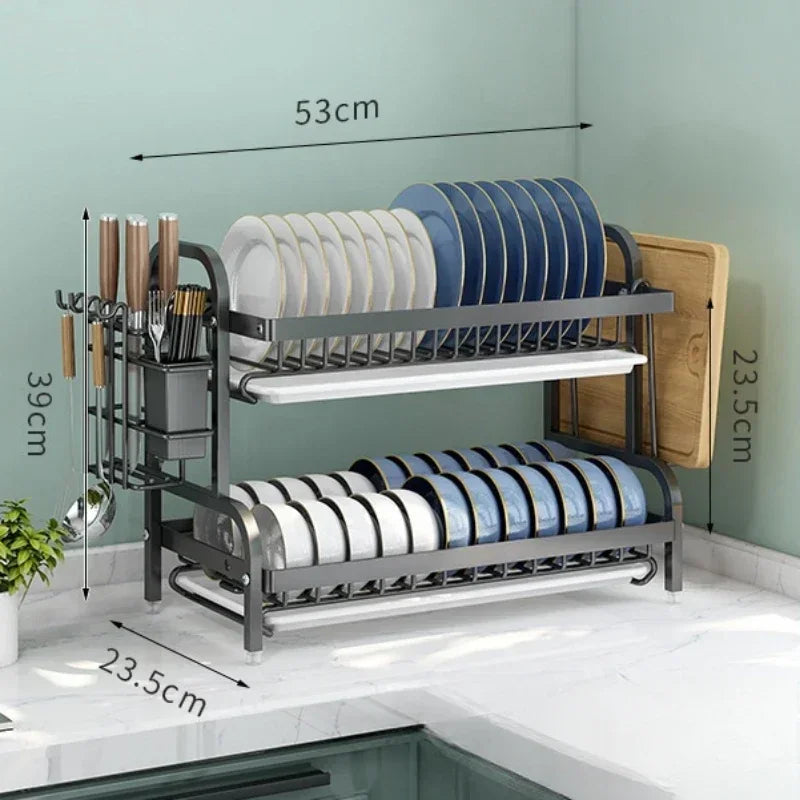 Stainless Steel 2-Tier Dish Drying Rack for Kitchen Countertop, Space Saving Plate Utensil Organizer Dish Drainer Rack