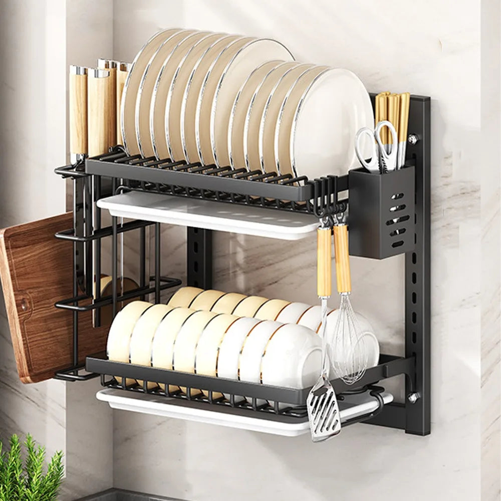 Multifunctional Wall Mounted Dish Drying Rack 2 Layer Rust-Proof Utensil Holder No Drilling Compact Drain Tray Household