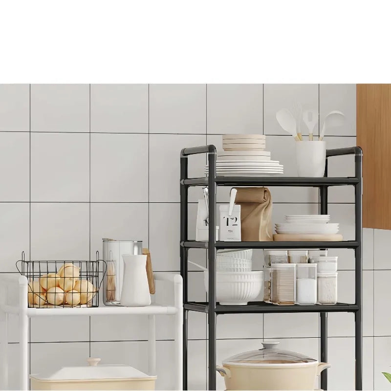 1PC 4/5-Tier Plastic Storage Rack White/Black,Multi-Layer Organizer Shelf for Home Kitchen Bathroom,Space-Saving Standing Unit