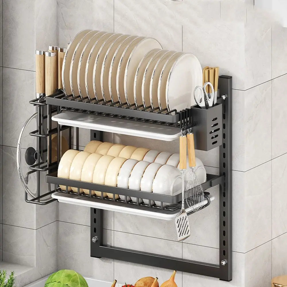 Multifunctional Wall Mounted Dish Drying Rack 2 Layer Rust-Proof Utensil Holder No Drilling Compact Drain Tray Household