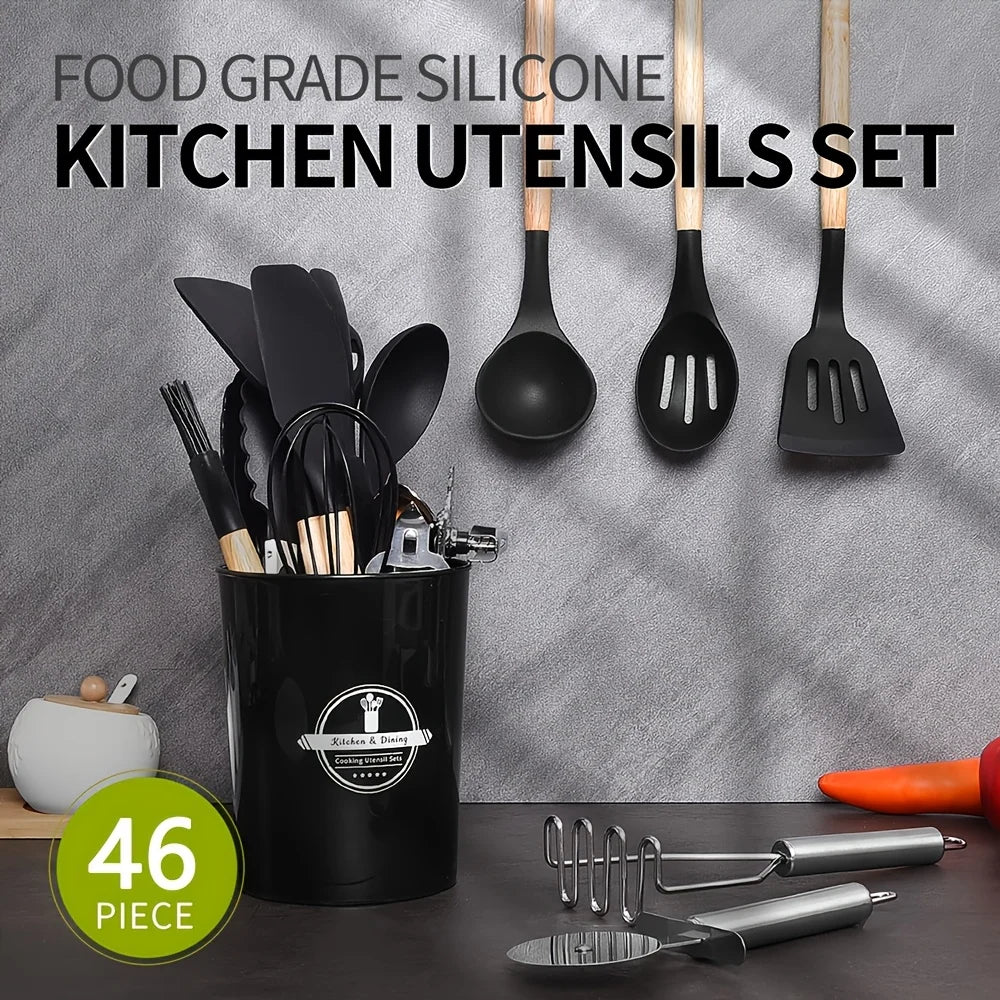 46pcs Non-Stick Wooden Handle Silicone Kitchenware Set for Baking And Cooking, Making Cooking And Baking Easy, Kitchen Supplies