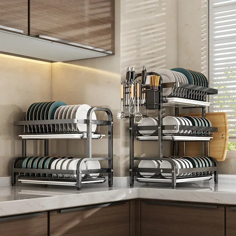 Stainless Steel 2-Tier Dish Drying Rack for Kitchen Countertop, Space Saving Plate Utensil Organizer Dish Drainer Rack