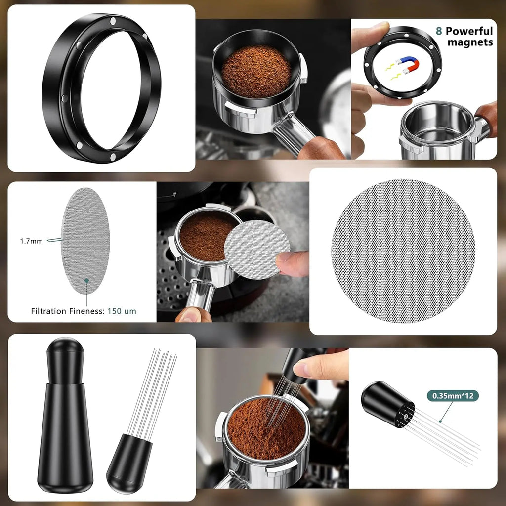 5/7Pack Espresso Accessories Kit Espresso Tamping Station Coffee Distributor Tamper WDT Tool Dosing Funnel Expresso Puck Screen