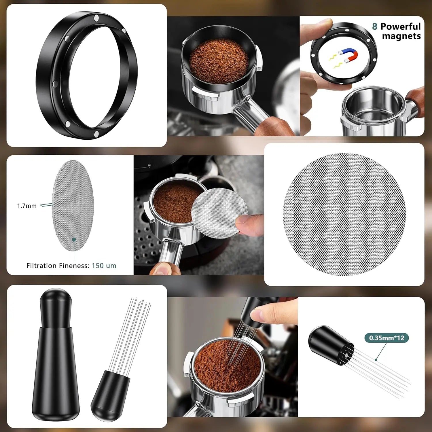 5/7Pack Espresso Accessories Kit Espresso Tamping Station Coffee Distributor Tamper WDT Tool Dosing Funnel Expresso Puck Screen