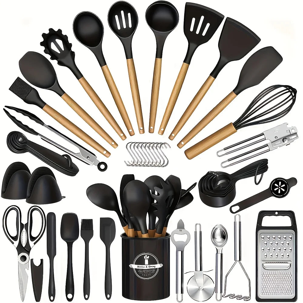 46pcs Non-Stick Wooden Handle Silicone Kitchenware Set for Baking And Cooking, Making Cooking And Baking Easy, Kitchen Supplies