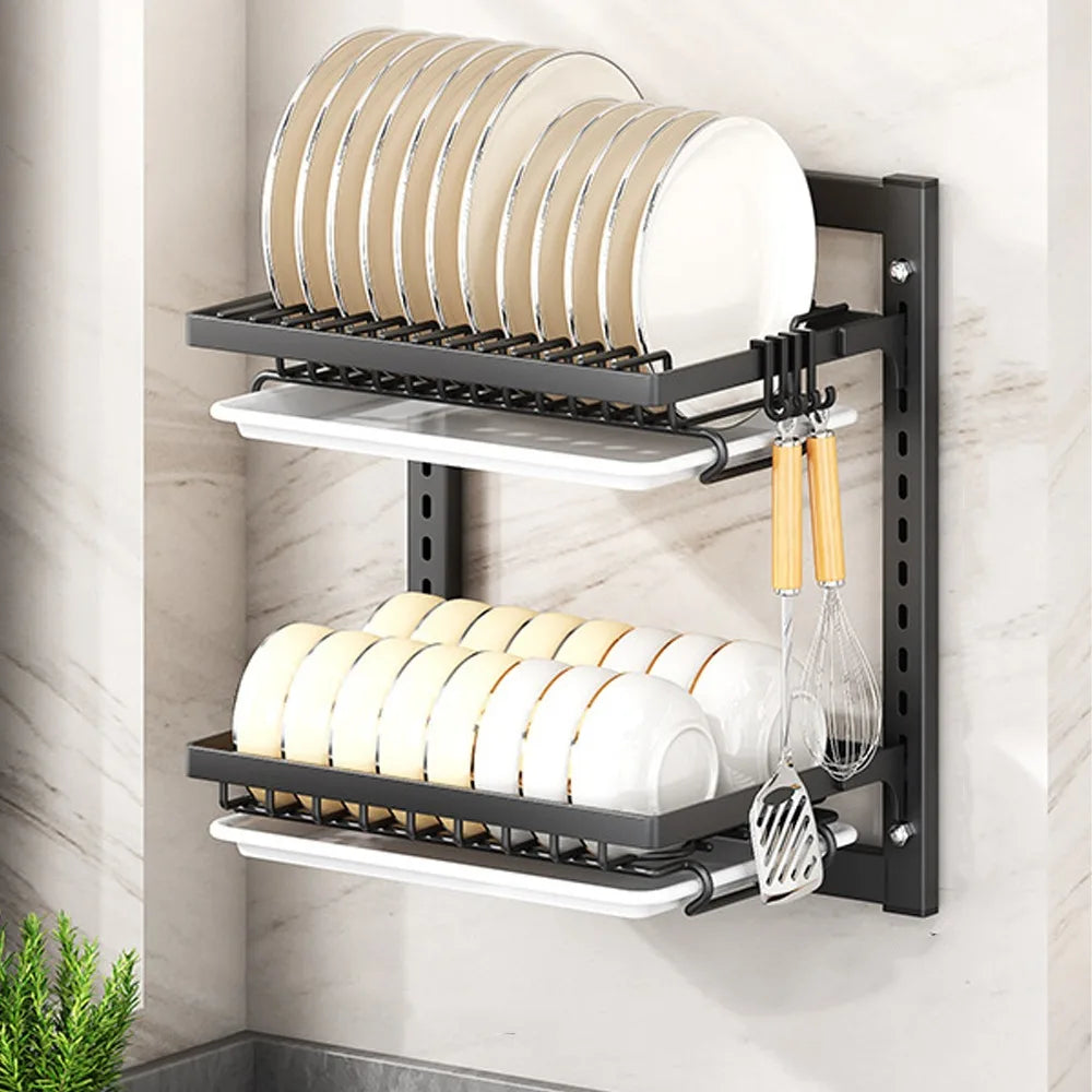 Multifunctional Wall Mounted Dish Drying Rack 2 Layer Rust-Proof Utensil Holder No Drilling Compact Drain Tray Household