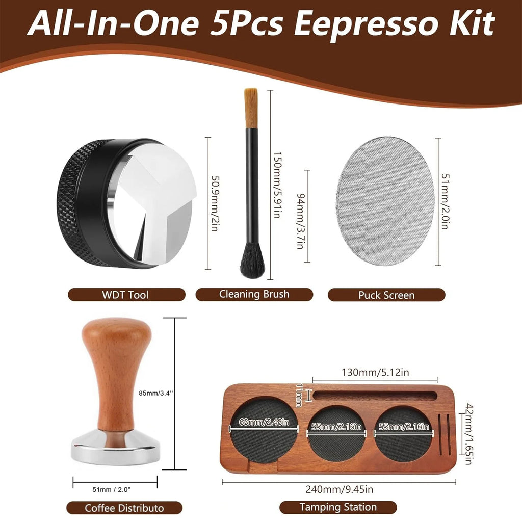 5/7Pack Espresso Accessories Kit Espresso Tamping Station Coffee Distributor Tamper WDT Tool Dosing Funnel Expresso Puck Screen
