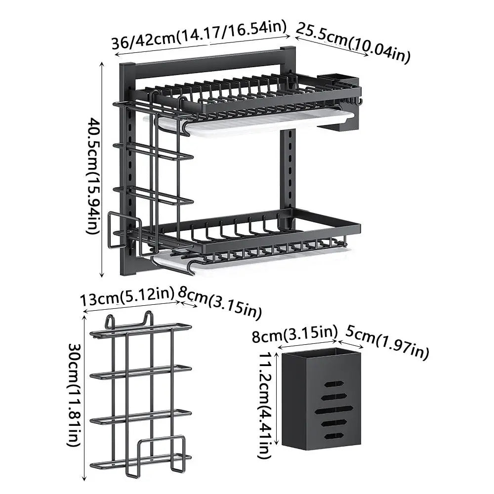 Multifunctional Wall Mounted Dish Drying Rack 2 Layer Rust-Proof Utensil Holder No Drilling Compact Drain Tray Household