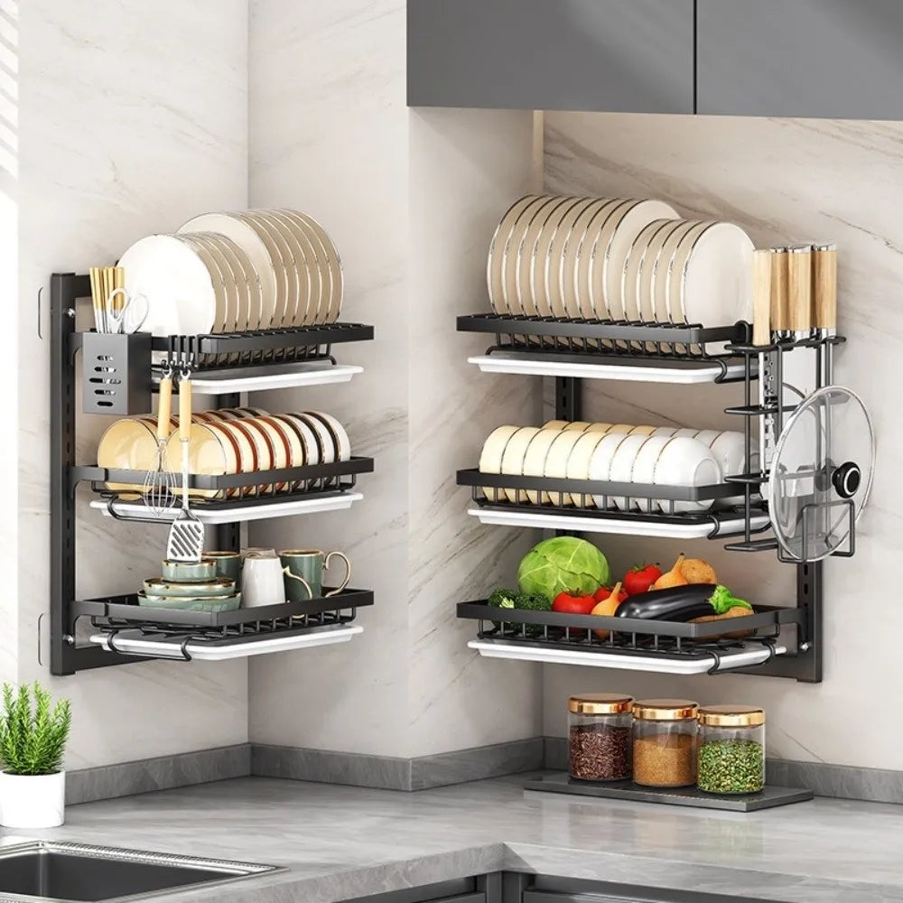 Multifunctional Wall Mounted Dish Drying Rack 2 Layer Rust-Proof Utensil Holder No Drilling Compact Drain Tray Household
