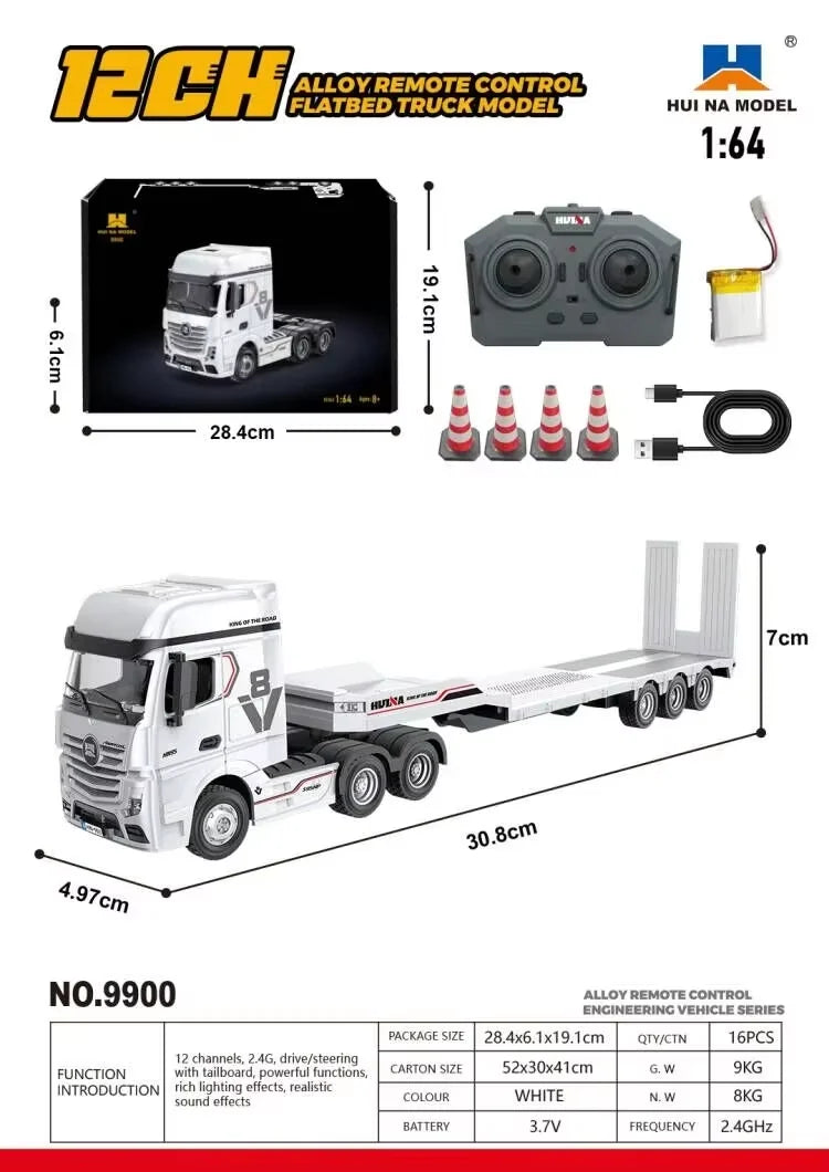 1:64 Huina 9900 Rc Truck Flatbed Tractor Truck 12-Channel Rc Car Mini with Light 2.4G Proportional Precise Control Toy Huina New