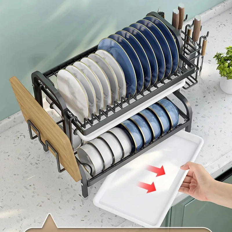Stainless Steel 2-Tier Dish Drying Rack for Kitchen Countertop, Space Saving Plate Utensil Organizer Dish Drainer Rack