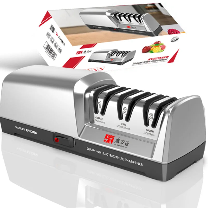 Electric Knife Sharpener, 3-Stage 15° Precision Guide, Stainless Steel Head, Fast Repair & Polish for Kitchen
