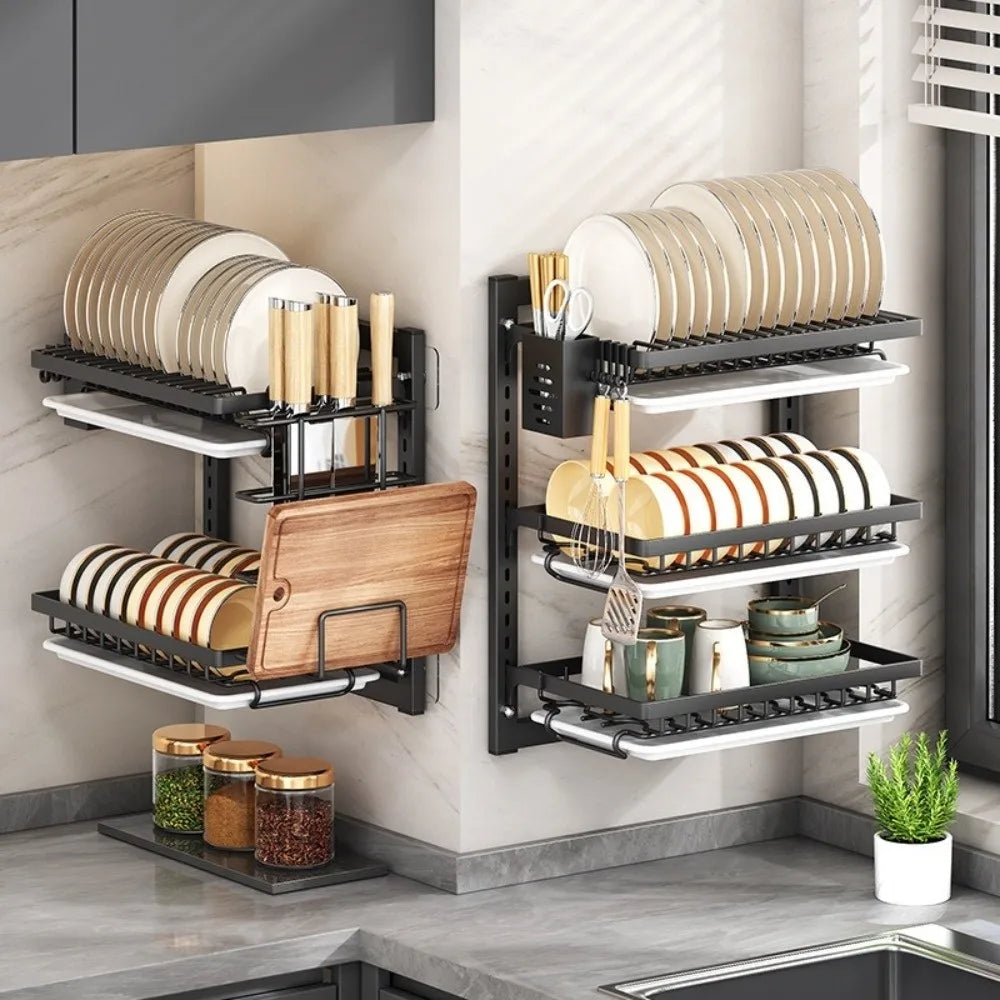 Multifunctional Wall Mounted Dish Drying Rack 2 Layer Rust-Proof Utensil Holder No Drilling Compact Drain Tray Household
