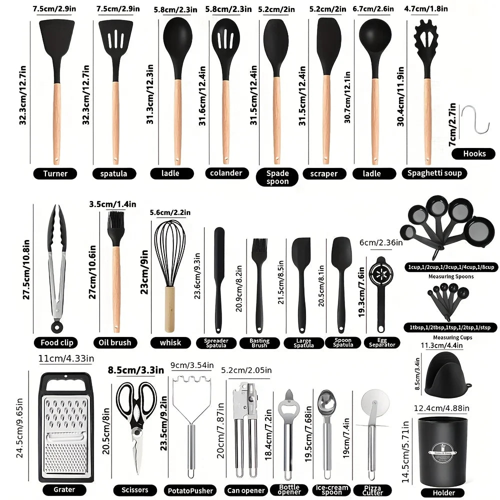 46pcs Non-Stick Wooden Handle Silicone Kitchenware Set for Baking And Cooking, Making Cooking And Baking Easy, Kitchen Supplies