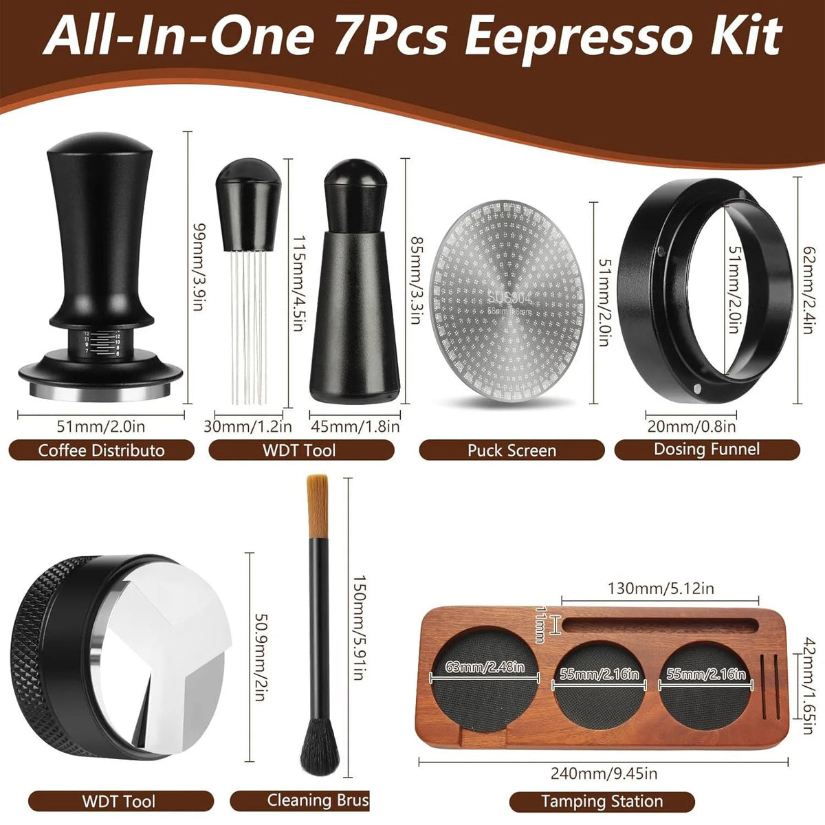 5/7Pack Espresso Accessories Kit Espresso Tamping Station Coffee Distributor Tamper WDT Tool Dosing Funnel Expresso Puck Screen